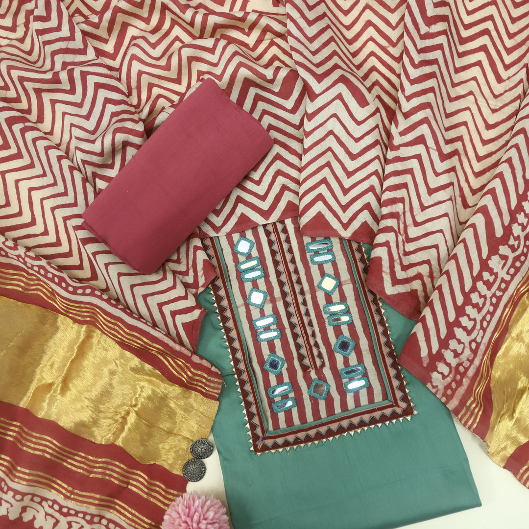 Farnaz Sea Green Mirror Work Cotton Top Suit with Gajji Silk Dupatta