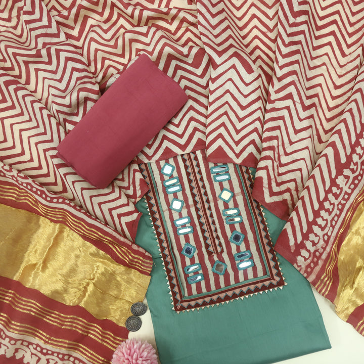Farnaz Sea Green Mirror Work Cotton Top Suit with Gajji Silk Dupatta