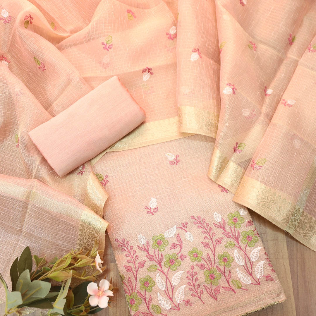 Radhi Blush Pink Embroidered Hem Shimmer Tissue Linen Set
