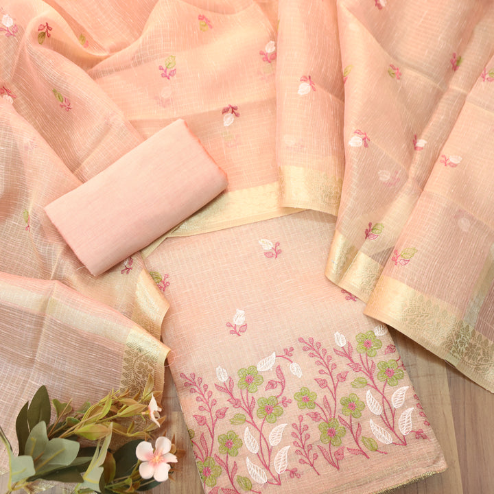 Radhi Blush Pink Embroidered Hem Shimmer Tissue Linen Set