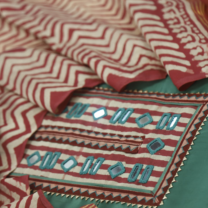 Farnaz Sea Green Mirror Work Cotton Top Suit with Gajji Silk Dupatta