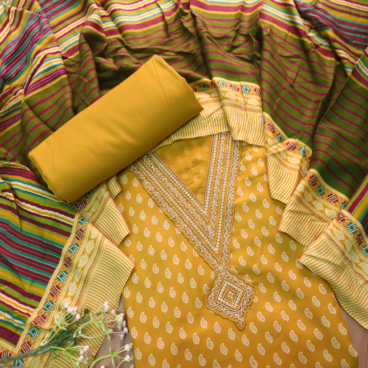 सरवरी Mustard Yellow Embellished V Neckline Foil Work Semi Pashmina Winter Set