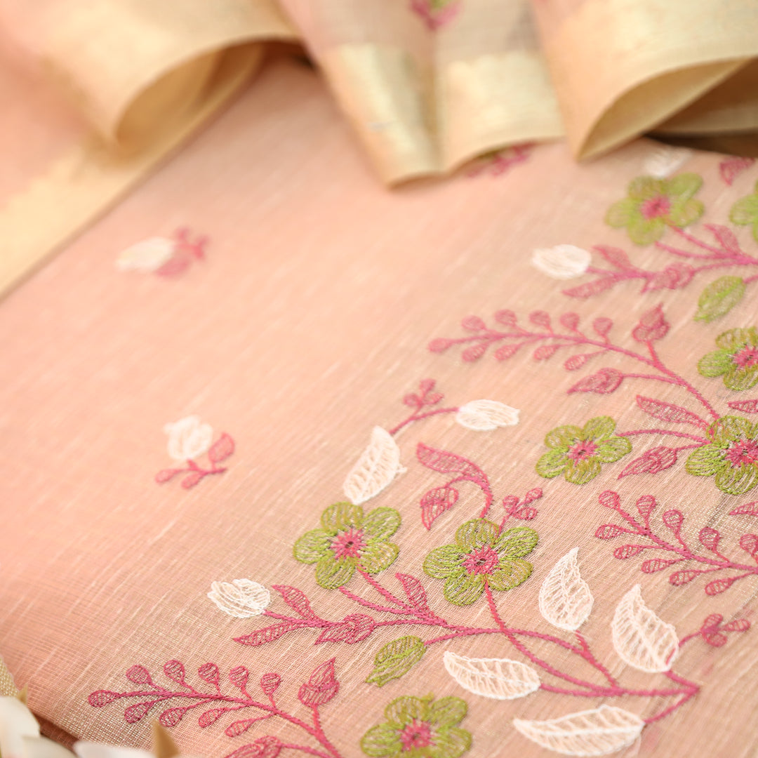 Radhi Blush Pink Embroidered Hem Shimmer Tissue Linen Set
