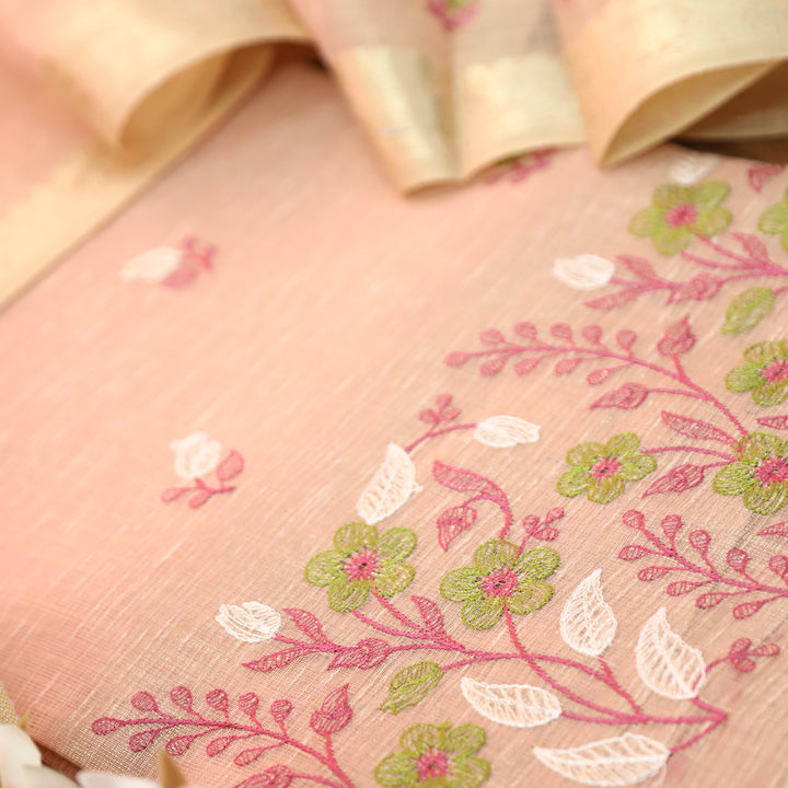 Radhi Blush Pink Embroidered Hem Shimmer Tissue Linen Set