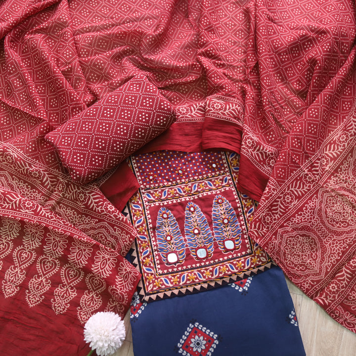 Chandni Denim Blue Ajrak Print Cotton Top With Printed Dupatta-D2
