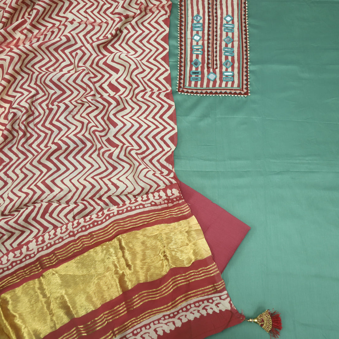 Farnaz Sea Green Mirror Work Cotton Top Suit with Gajji Silk Dupatta