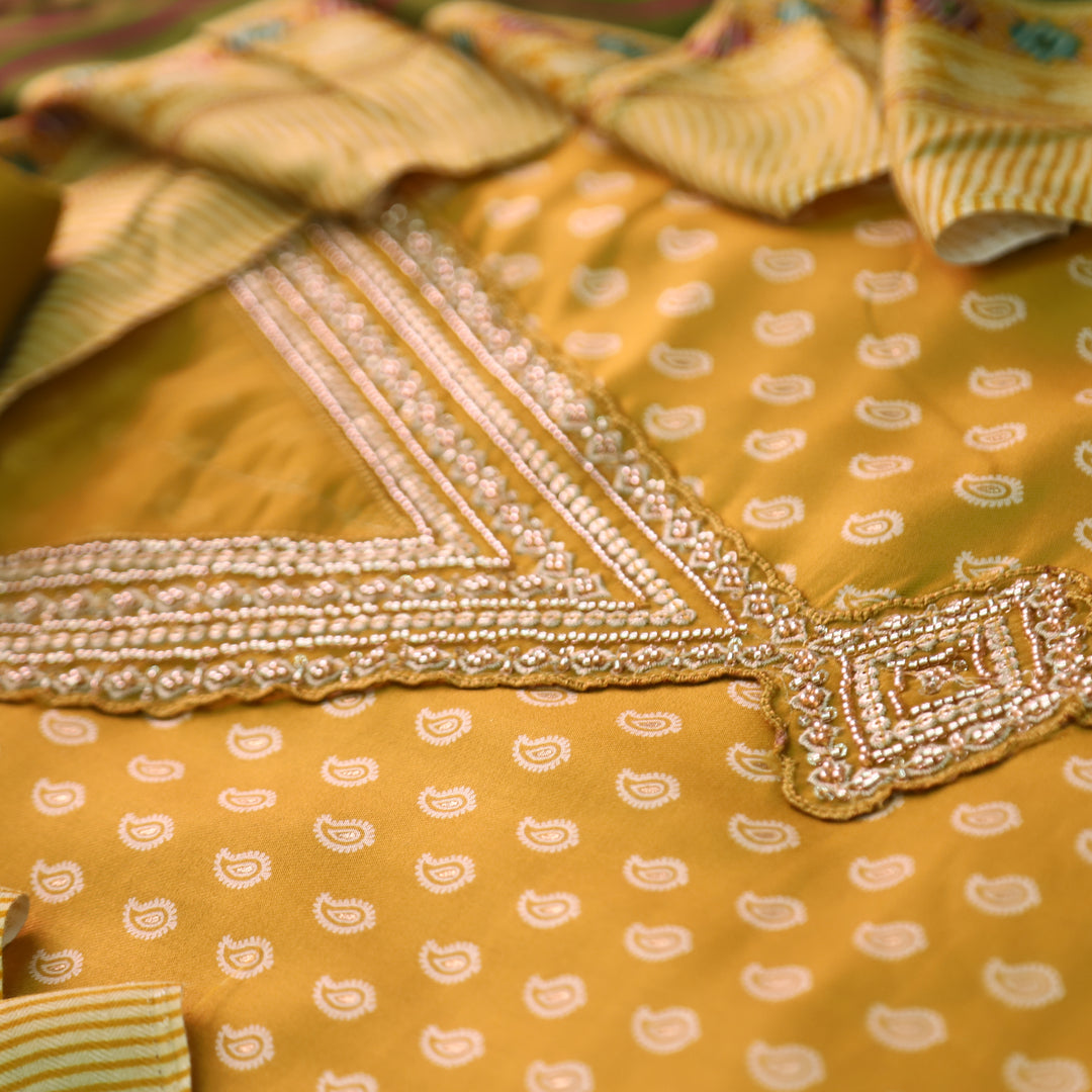 सरवरी Mustard Yellow Embellished V Neckline Foil Work Semi Pashmina Winter Set