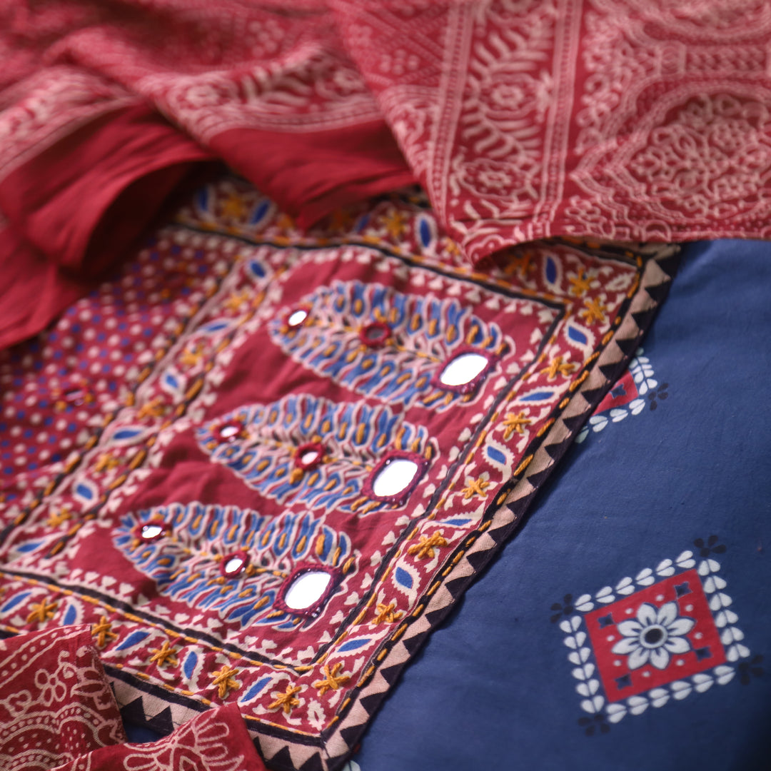 Chandni Denim Blue Ajrak Print Cotton Top With Printed Dupatta-D2