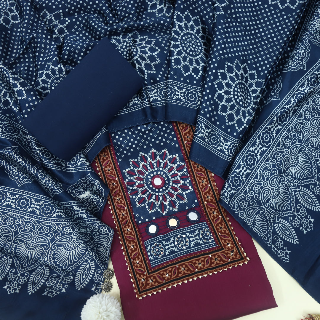 Farnaz Plum Purple Mirror Work Jam Cotton Satin With Mashru Stole Dupatta