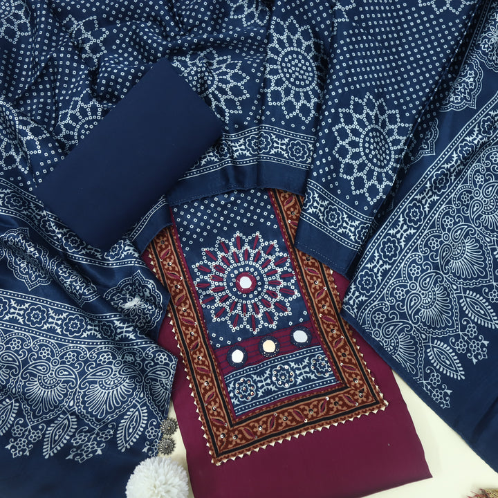 Farnaz Plum Purple Mirror Work Jam Cotton Satin With Mashru Stole Dupatta