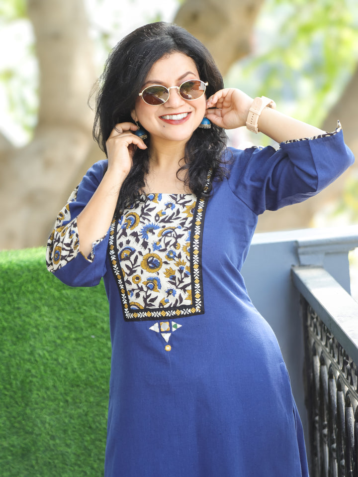 Payal Navy Blue with Kalamkari Printed Yoke and Mirror Work Cotton Kurti