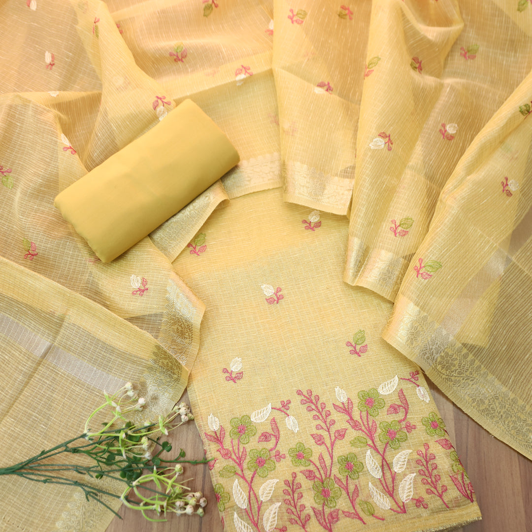 Radhi Butter Yellow Embroidered Hem Shimmer Tissue Linen Set