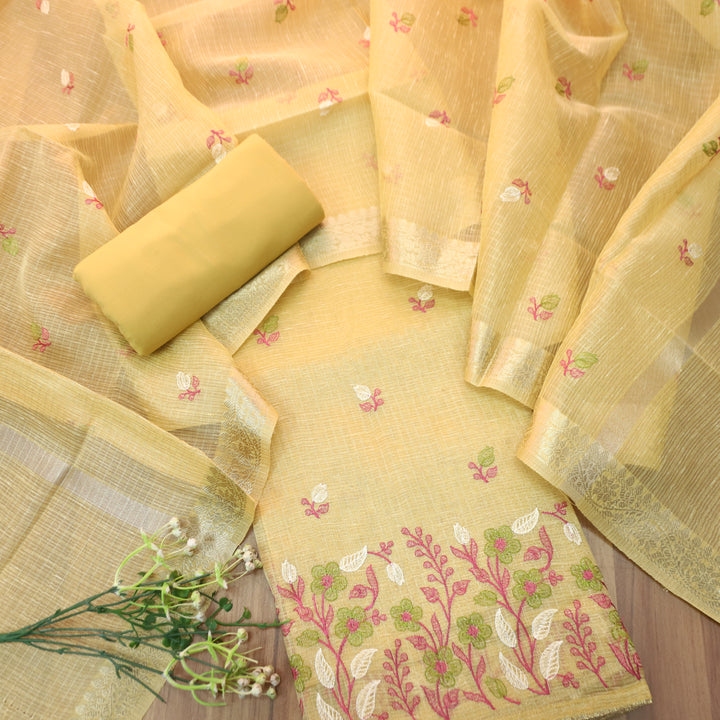 Radhi Butter Yellow Embroidered Hem Shimmer Tissue Linen Set