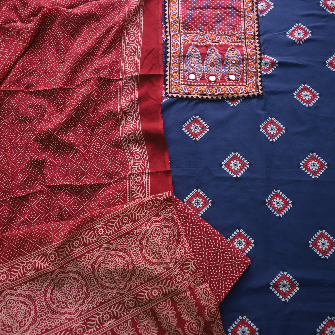 Chandni Denim Blue Ajrak Print Cotton Top With Printed Dupatta-D2