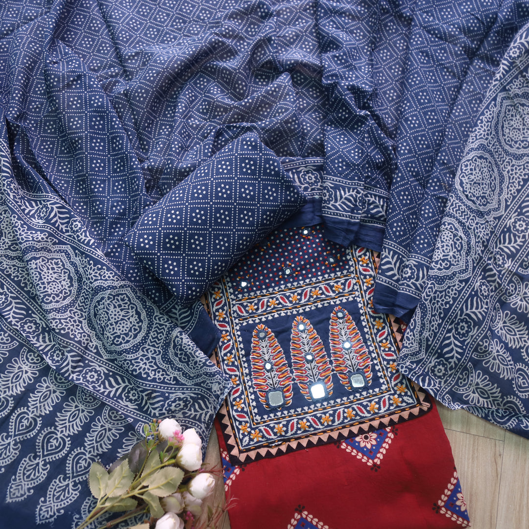 Chandni Apple Red Ajrak Print Patch Work Cotton Top With Printed Dupatta-D2