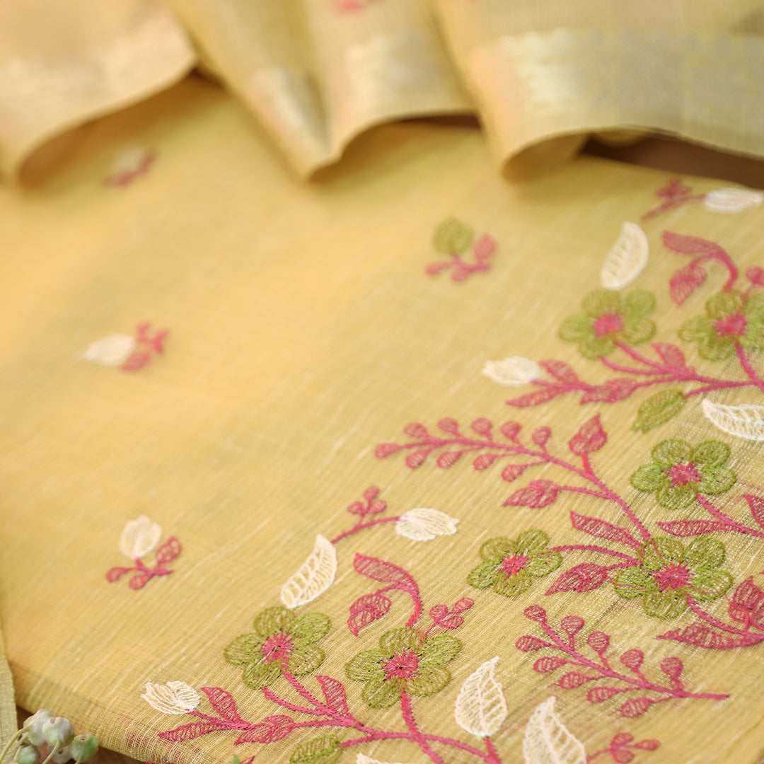Radhi Butter Yellow Embroidered Hem Shimmer Tissue Linen Set
