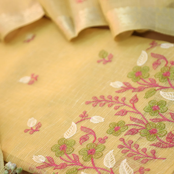 Radhi Butter Yellow Embroidered Hem Shimmer Tissue Linen Set