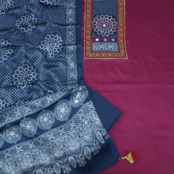 Farnaz Plum Purple Mirror Work Jam Cotton Satin With Mashru Stole Dupatta