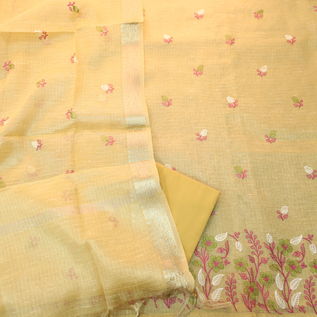 Radhi Butter Yellow Embroidered Hem Shimmer Tissue Linen Set