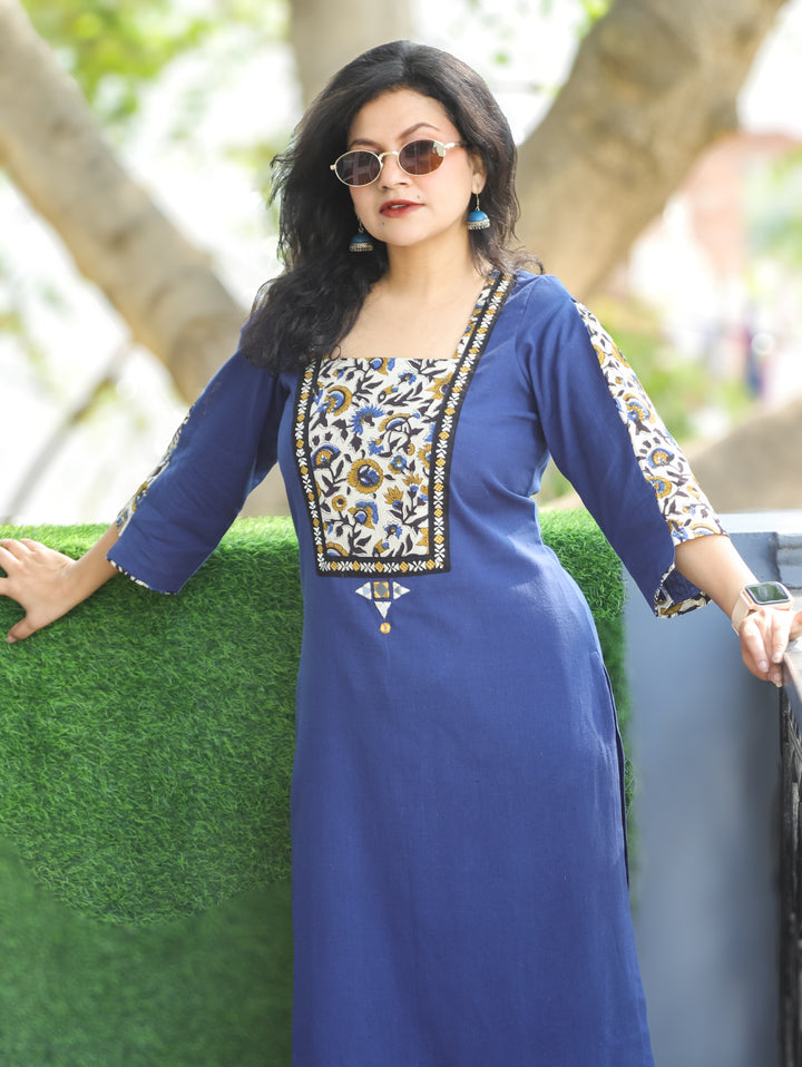 Payal Navy Blue with Kalamkari Printed Yoke and Mirror Work Cotton Kurti
