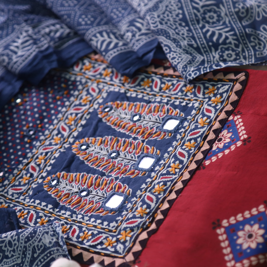 Chandni Apple Red Ajrak Print Patch Work Cotton Top With Printed Dupatta-D2