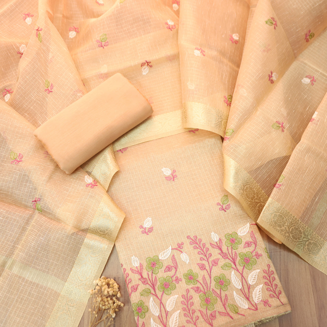Radhi Pastel Peach Embroidered Hem Shimmer Tissue Linen Set