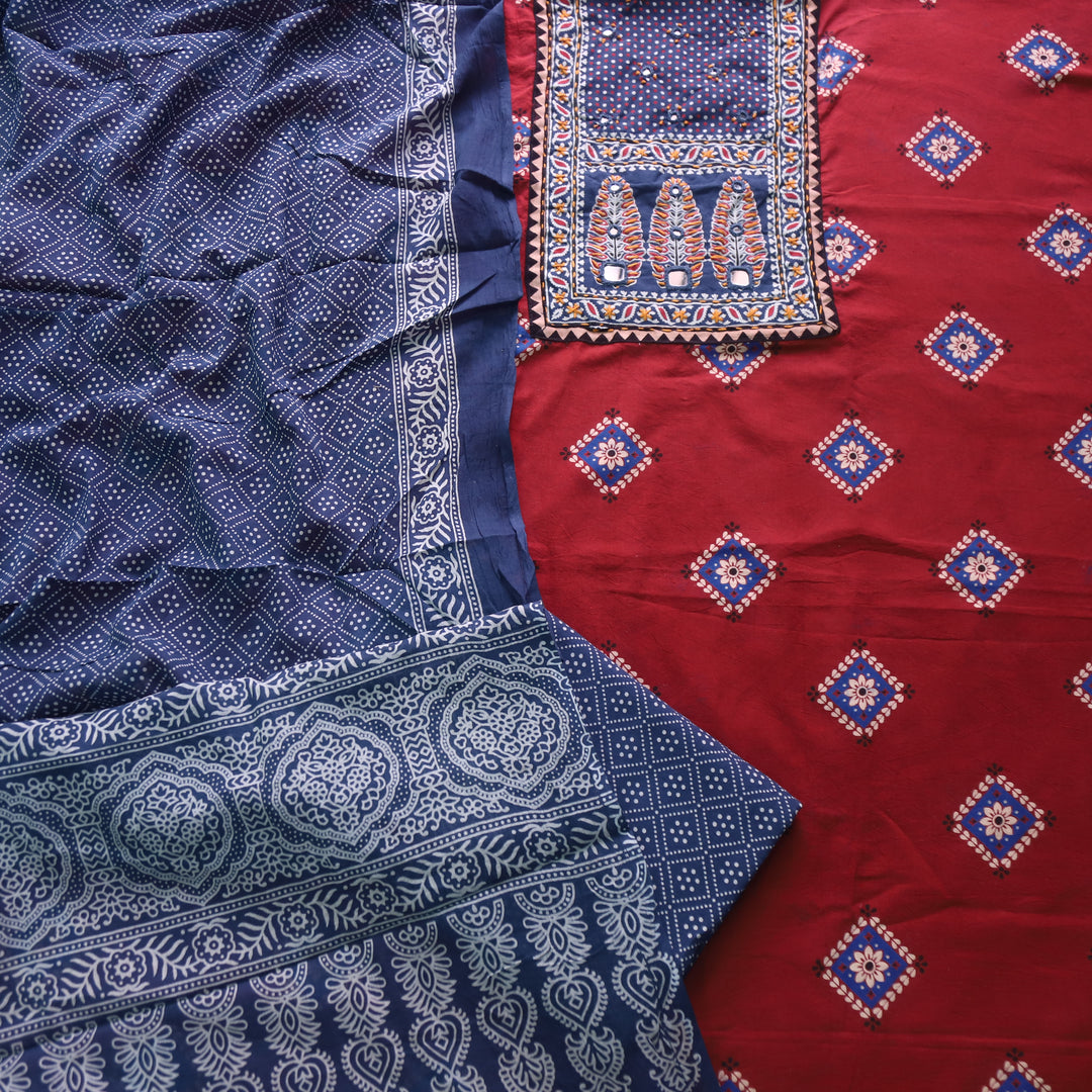 Chandni Apple Red Ajrak Print Patch Work Cotton Top With Printed Dupatta-D2