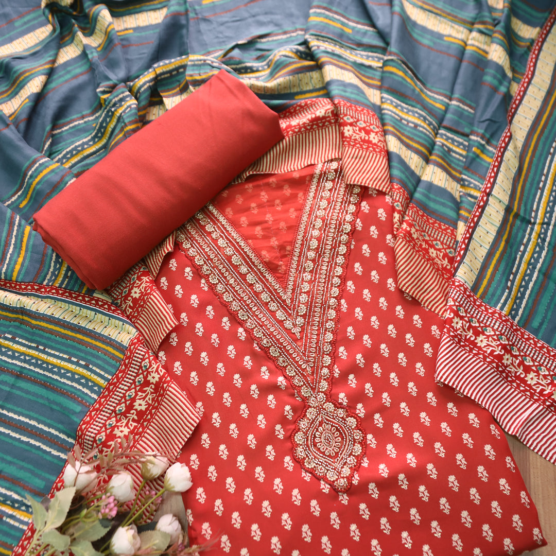 सरवरी Rust Red Embellished V Neckline Foil Work Semi Pashmina Winter Set
