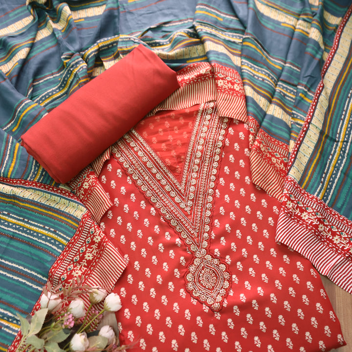 सरवरी Rust Red Embellished V Neckline Foil Work Semi Pashmina Winter Set