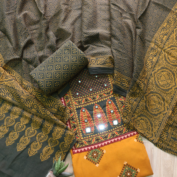 Chandni Canary Yellow Ajrak Print Patch Work Cotton Top With Printed Dupatta-D2