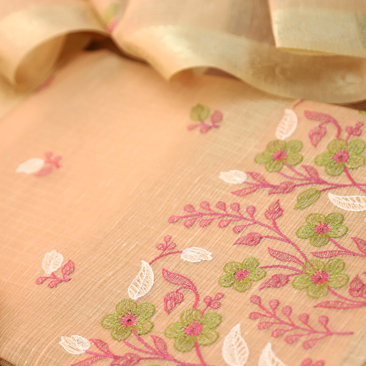 Radhi Pastel Peach Embroidered Hem Shimmer Tissue Linen Set