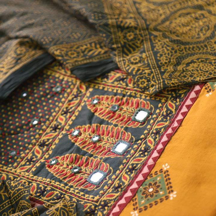 Chandni Canary Yellow Ajrak Print Patch Work Cotton Top With Printed Dupatta-D2