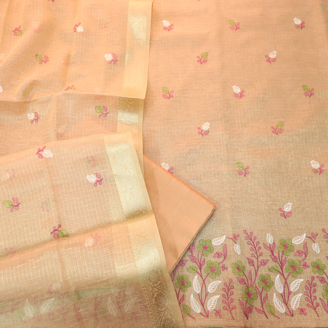 Radhi Pastel Peach Embroidered Hem Shimmer Tissue Linen Set