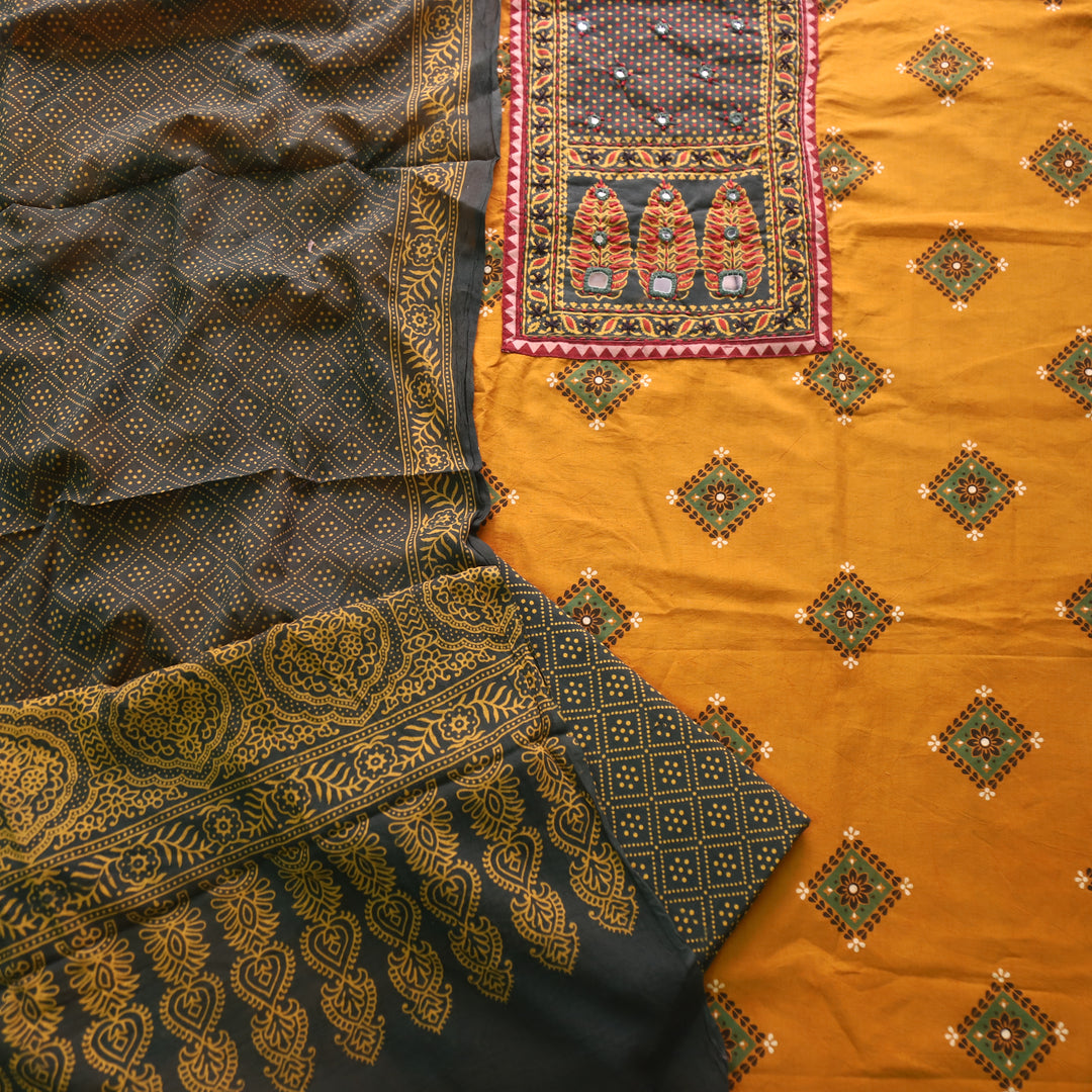 Chandni Canary Yellow Ajrak Print Patch Work Cotton Top With Printed Dupatta-D2