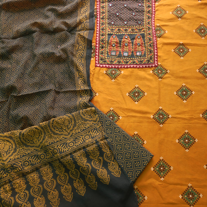 Chandni Canary Yellow Ajrak Print Patch Work Cotton Top With Printed Dupatta-D2