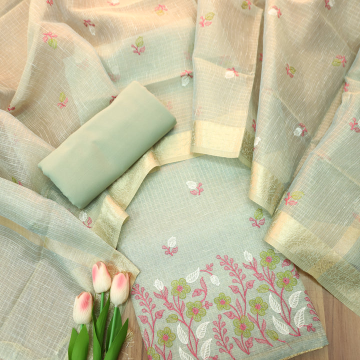 Radhi Mint Chrome Embroidered Hem Shimmer Tissue Linen Set