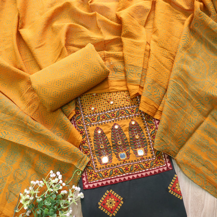 Chandni Forest Green Ajrak Print Patch Work Cotton Top With Printed Dupatta-D2