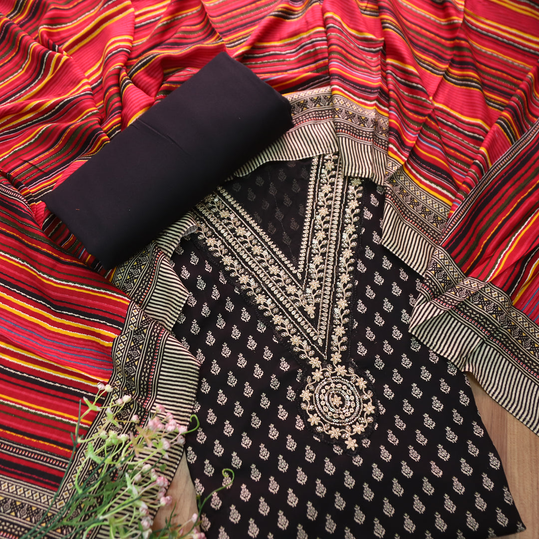 सरवरी Ebony Black Embellished V Neckline Foil Work Semi Pashmina Winter Set