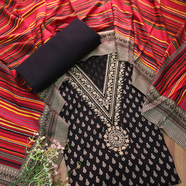 सरवरी Ebony Black Embellished V Neckline Foil Work Semi Pashmina Winter Set