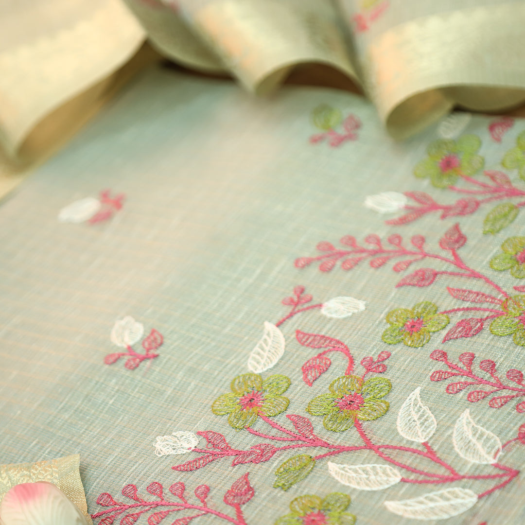 Radhi Mint Chrome Embroidered Hem Shimmer Tissue Linen Set