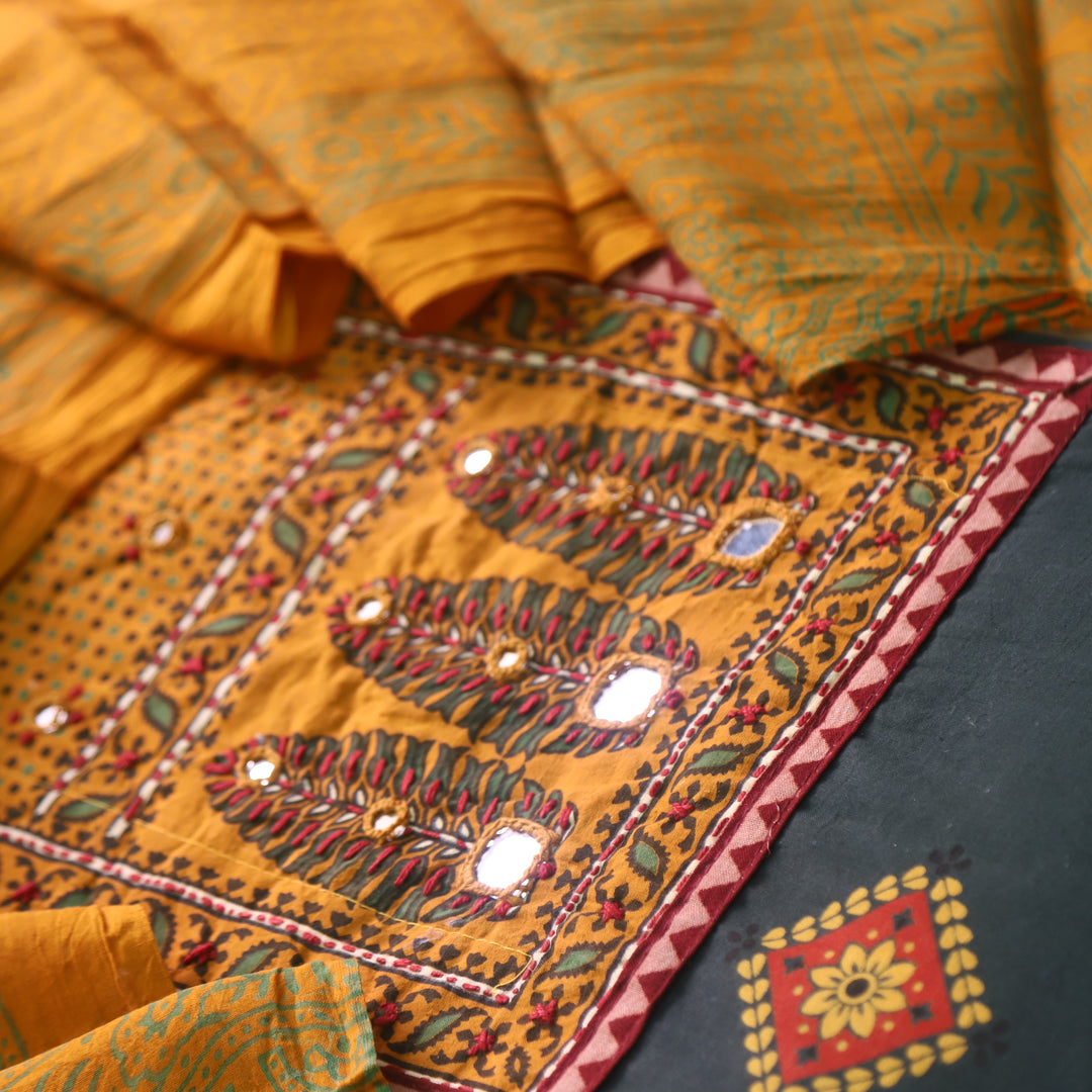 Chandni Forest Green Ajrak Print Patch Work Cotton Top With Printed Dupatta-D2