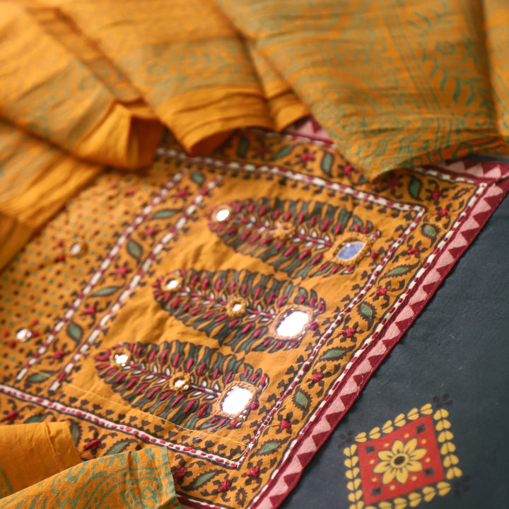 Chandni Forest Green Ajrak Print Patch Work Cotton Top With Printed Dupatta-D2