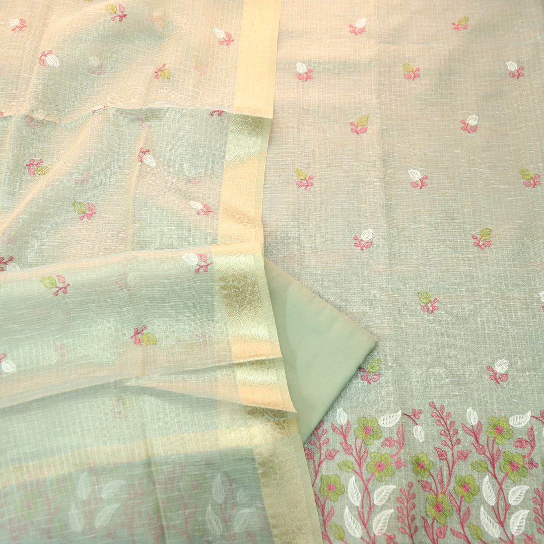Radhi Mint Chrome Embroidered Hem Shimmer Tissue Linen Set