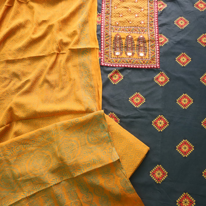 Chandni Forest Green Ajrak Print Patch Work Cotton Top With Printed Dupatta-D2