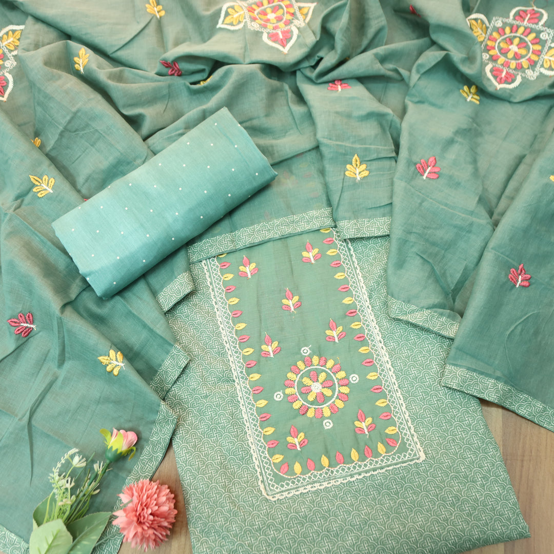 Ruhi Sea Green Embroidered Patch Printed Cotton Set