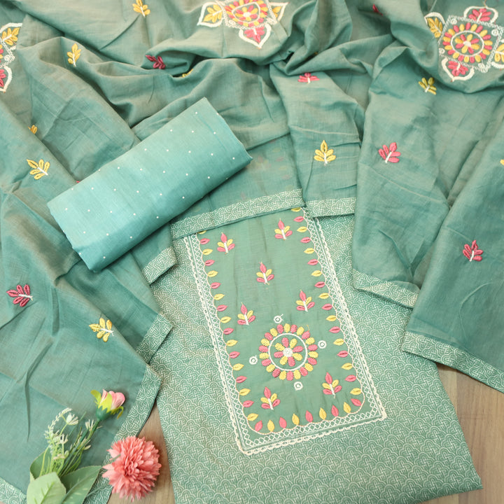 Ruhi Sea Green Embroidered Patch Printed Cotton Set