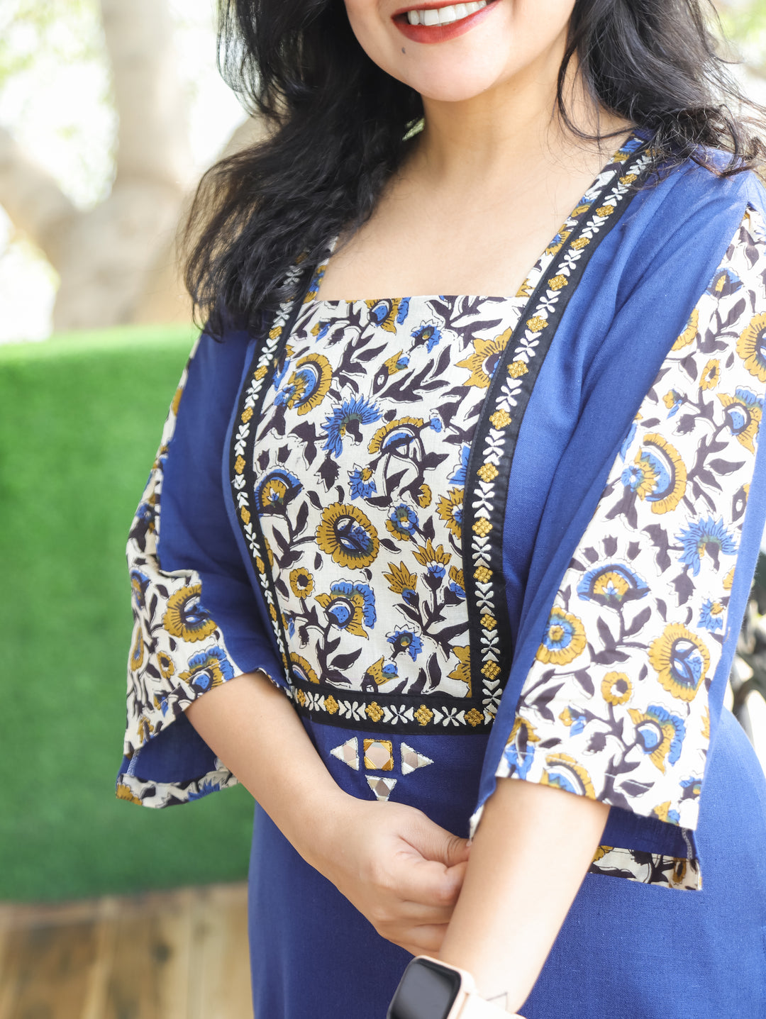 Payal Navy Blue with Kalamkari Printed Yoke and Mirror Work Cotton Kurti