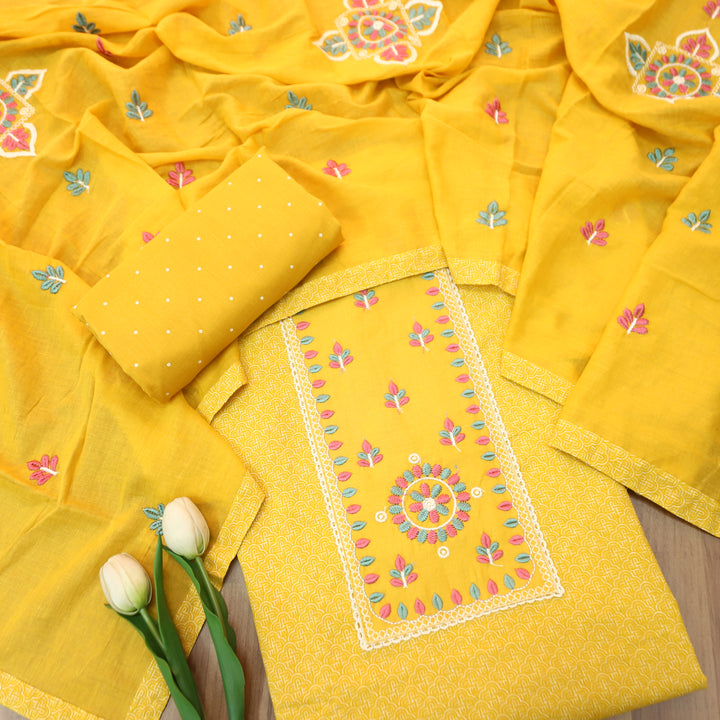 Ruhi Sunflower Yellow Embroidered Patch Printed Cotton Set