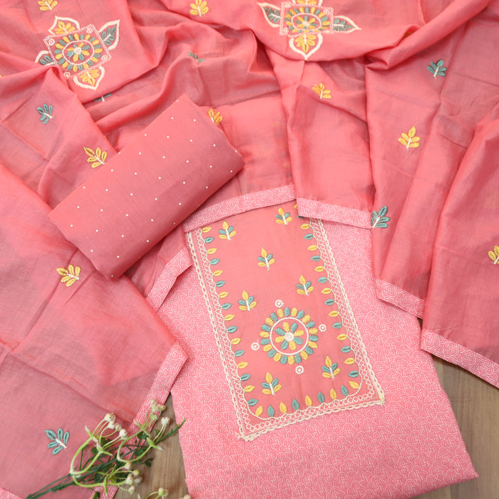 Ruhi Frosty Pink Embroidered Patch Printed Cotton Set
