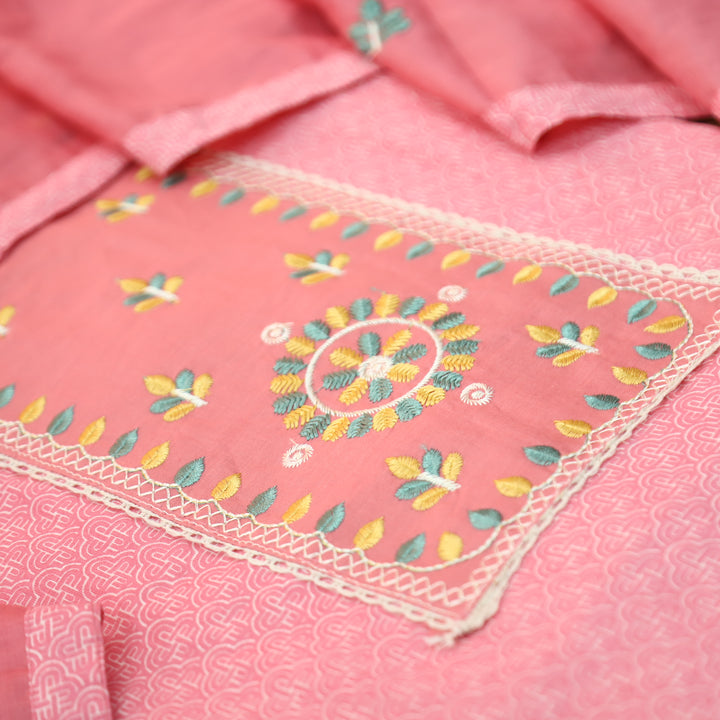 Ruhi Frosty Pink Embroidered Patch Printed Cotton Set